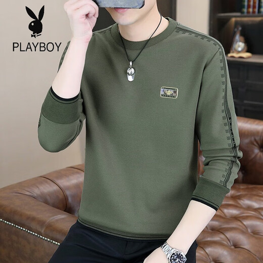 Playboy (PLAYBOY) Classic European Station 2025 Autumn and Winter New Men's Round Neck Velvet Sweatshirt Trendy Brand Fashion Pullover Bottoming Shirt White L
