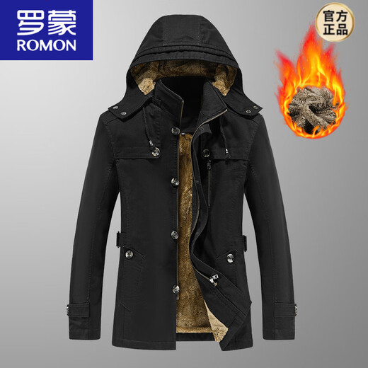 罗蒙（ROMON）纯棉男士秋冬季加绒加厚休闲连帽大码夹克衫风衣外套防风保暖棉袄 加绒黑色 厚款 L 建议110-120斤