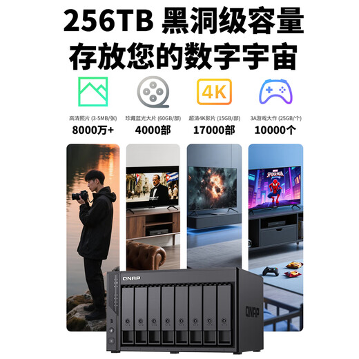 威联通（QNAP）Qu805企业级家庭存储 N355 16G内存 八盘位网络存储NAS私有云 AI相册手机备份 文件数据备份服务器 Qu805+硬盘8T*8