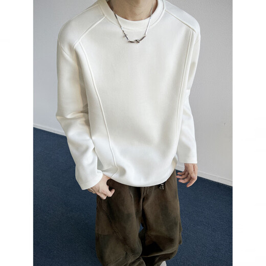 NYING American heavyweight right shoulder long-sleeved T-shirt for men in autumn and winter new trendy brand deconstructed sweatshirt large size loose inner base white gray XL (130-150Jin Jin equals 0.5 kg)