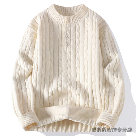 Mr. Jones Twist Henley Collar Sweater Men's Loose Lazy Style Autumn and Winter Sweater Thickened Warm Men's Bottoming Sweater WE25666 Off-white L Approximately 115-130 Jin Jin equals 0.5 kg Can be worn