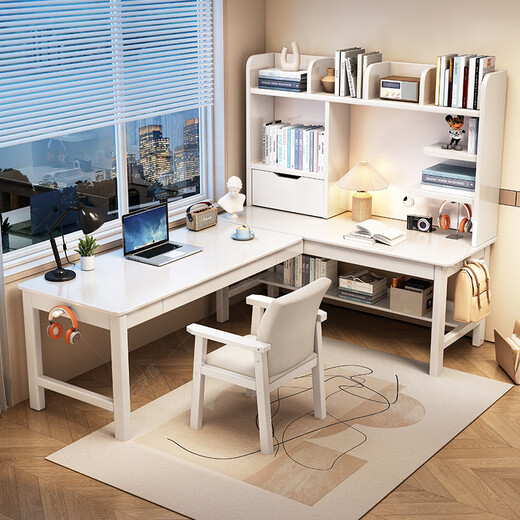 Huixun solid wood corner desk bookshelf integrated corner desk home bedroom study table junior high school student writing desk walnut color #desk + bookshelf 140cm*60cm*134cm auxiliary seat length 120cm