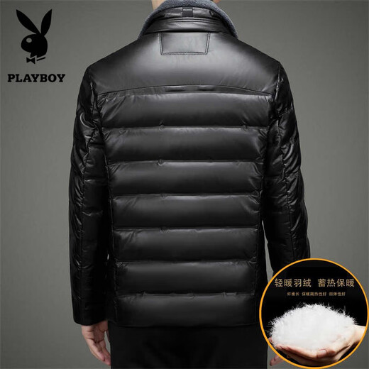 Playboy (PLAYBOY) Genuine Leather Down Jacket Men's 2025 Winter Lapel Removable Wool Casual Youth and Middle-aged High-end White Duck Down Leather Jacket Black S (165)