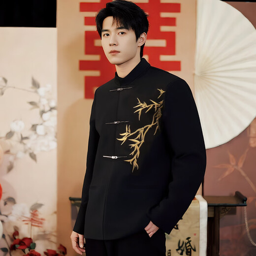 GOKU Men's New Chinese Style Engagement Dress Stand Collar Mao Suit Suit Chinese Style Embroidered Suit for Marriage Tang Suit Men Golden Bamboo Jacket + Pants 3XL Recommended Weight 150-180 Jin Jin equals 0.5 kg