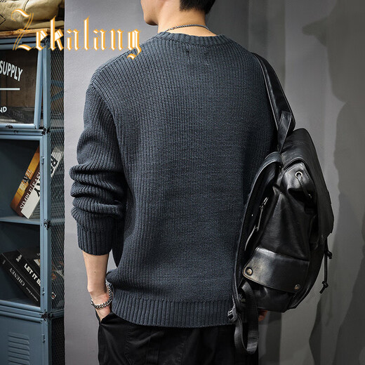 ZEKALANG 2025 Henry collar sweater for men in autumn, loose large size, long-sleeved American retro trendy casual sweater, Khaki S _Suitable weight 95-105Jin Jin is equal to 0.5 kg