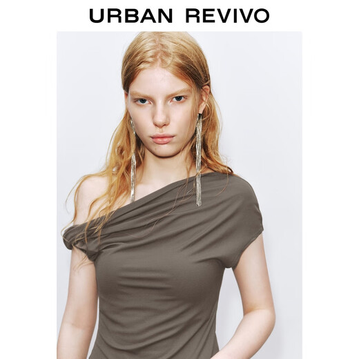UR2025 new autumn women's trendy shoulder collar twisted slim T-shirt UWJ450152+ light gray brown M
