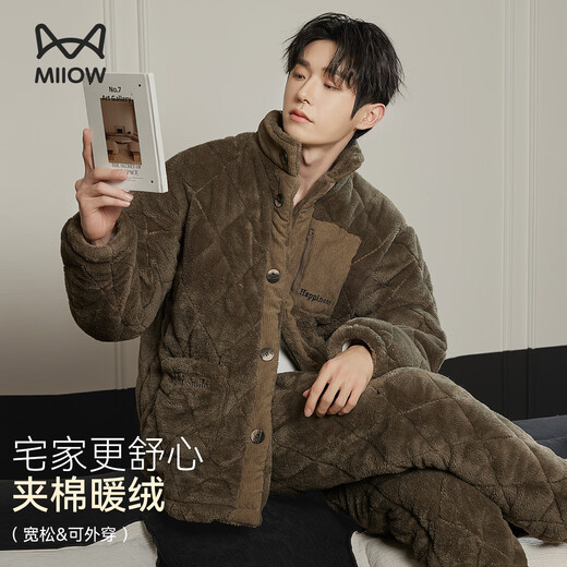 Catman plus velvet and thickened three-layer quilted men's pajamas men's winter warm stand-up collar cotton jacket can be worn outside 25 years new product