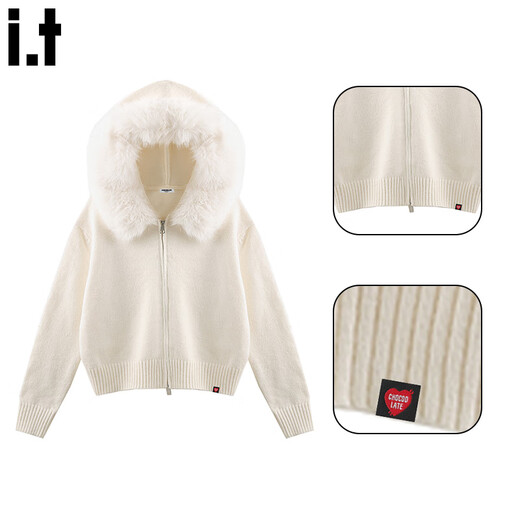 CHOCOOLATE it Women's White Fur Collar Double Zipper Sheep Wool Knitted Cardigan Sweater Women Winter New Short Jacket Women Yellow One Size