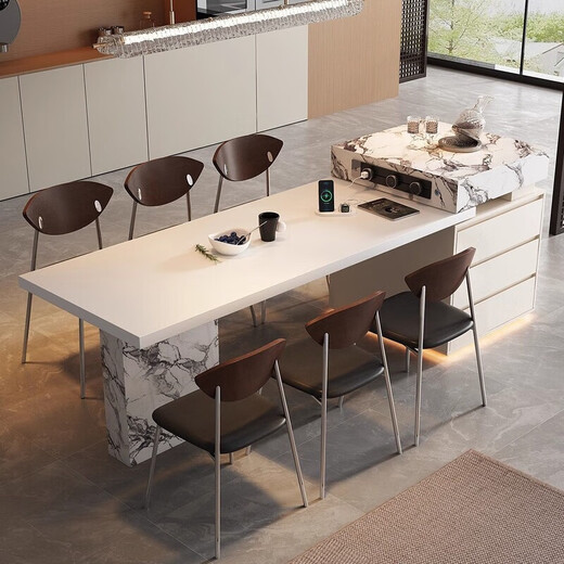 Shanghuashi island dining table integrated modern simple light luxury retractable dining table small apartment living room home dining table and chairs complete set 1.6 meters total length 1.95 (total length after telescopic 2.4 meters) hanging rock plate + slide rail socket (induction cooker model)