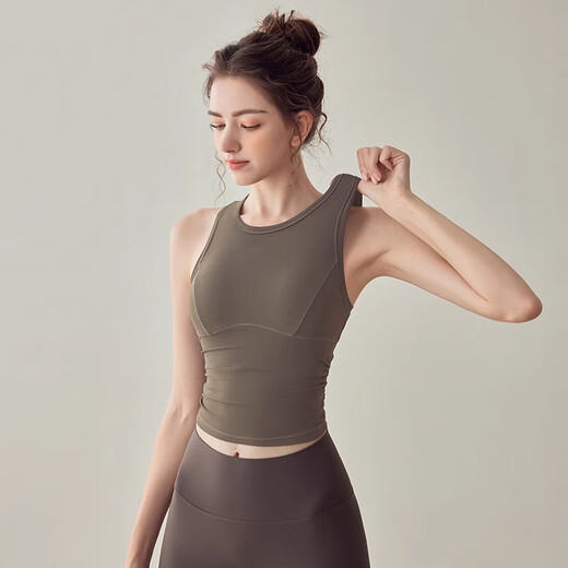 Bantang Jinse yoga top with chest pad sports bra for women shock-proof push-up vest for women summer new Pilates breast enhancement tea brown 2XL