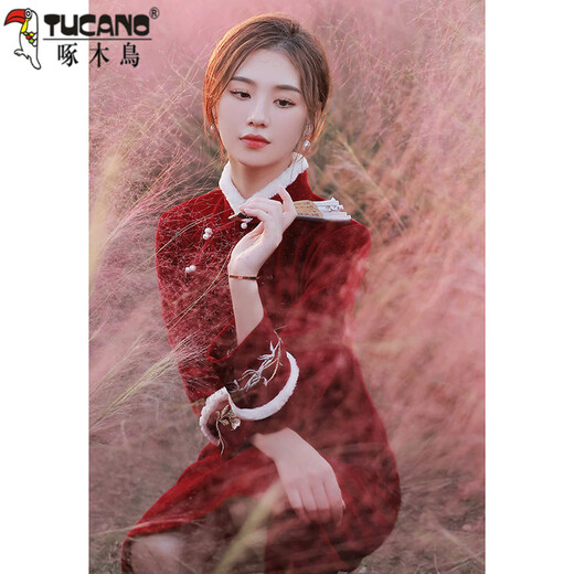 Woodpecker Red Chenille Cheongsam 2025 Winter New Thickened Long Sleeve Autumn Improved Young Style New Year's Eve Clothes Burgundy M