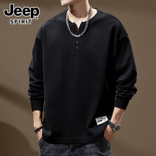 JEEP SPIRIT sweatshirt men's autumn and winter new loose large size American fashion brand top Henry collar bottoming shirt with long sleeves BN201 black XL