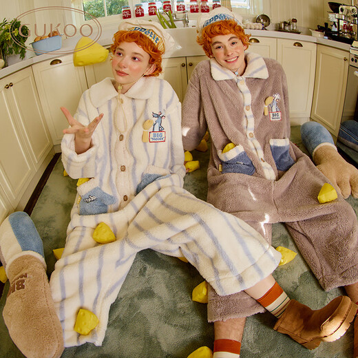 Gukoo Couple Pajamas Winter Coral Velvet New Ratatouille Joint Women's Homewear Jumpsuit Men's Pajamas D Light Blue Men's Jumpsuit XL