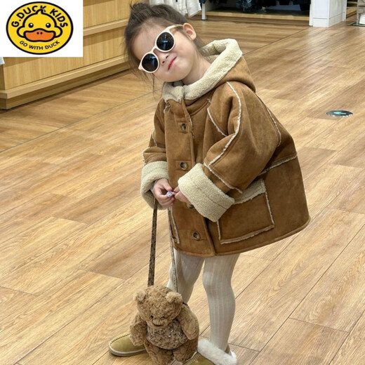 G.DUCKKIDS girls winter velvet coat 2024 new children's fur all-in-one coat lamb velvet hooded cotton coat for baby girls brown_velvet 110 cm