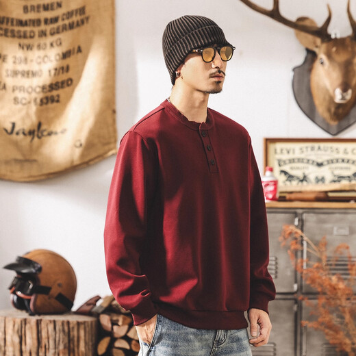 Jay Leno American retro Henry collar sweatshirt men's spring and autumn 2025 new loose casual 300g heavyweight long-sleeved polo shirt for men maroon heavy 300g M suitable for 100-120Jin Jin equals 0.5 kg