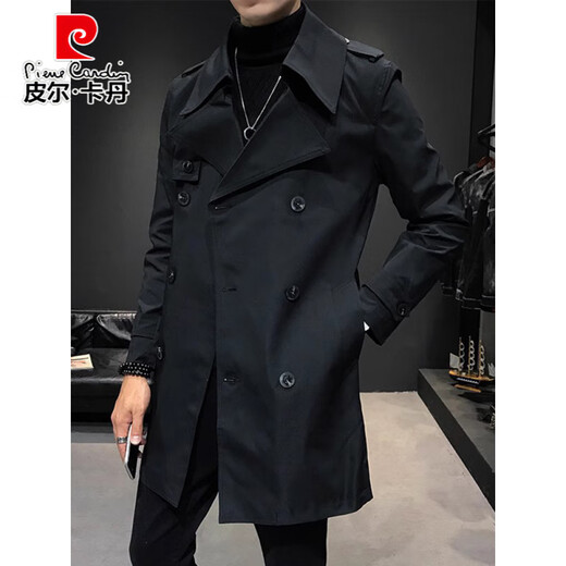 Pierre Cardin (pierre cardin) military trench coat men's mid-length spring and autumn style 2026 new British handsome slim double-breasted coat jacket men's black M recommended 90Jin Jin is equal to within 0.5 kg