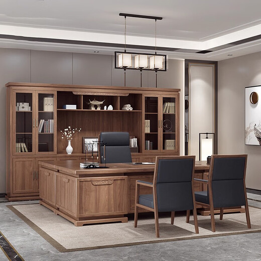 Solid wood boss desk, new Chinese style office desk, background cabinet, high-end president chairman's office, Xiangyun atmosphere desk, customization\color plate, contact customer service