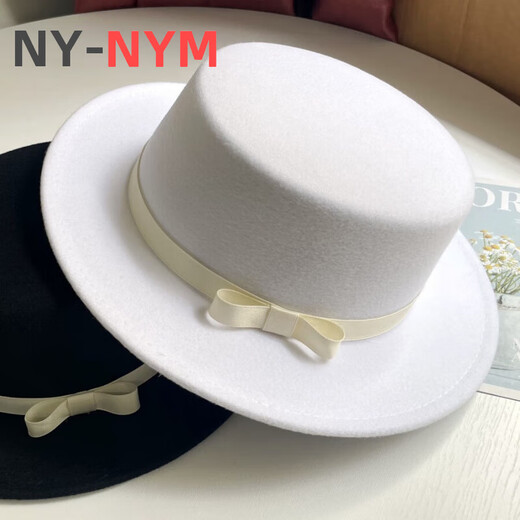 NY-NYM British style retro woolen hat for women in autumn and winter fashion versatile bow flat top Korean style black jazz hat for men black M (56-58cm)