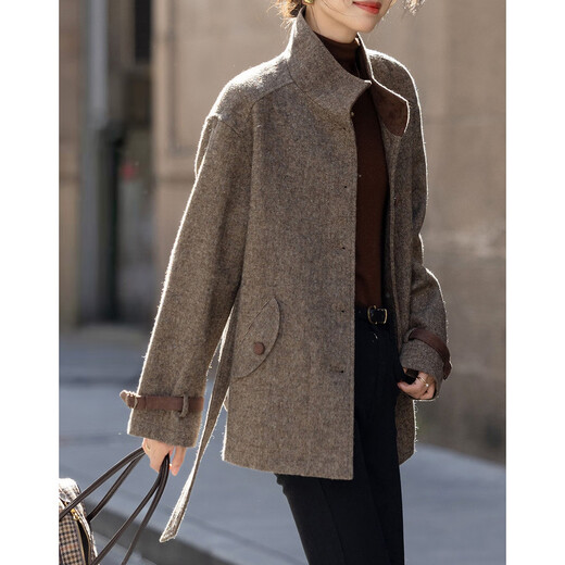 Demana Barn style outfit Winter retro workwear style old money sense sheep wool stand collar loose mid-length women's jacket