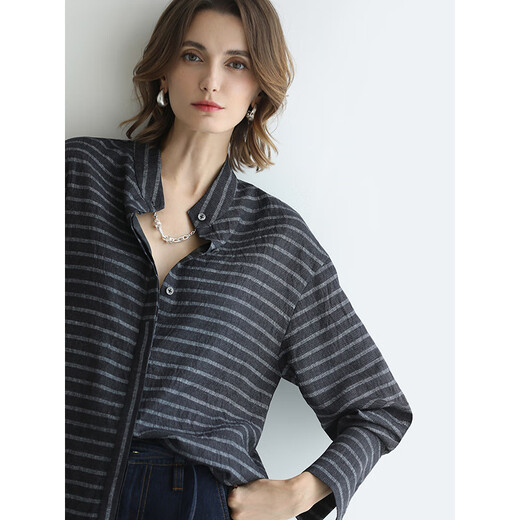 COCOBELLA pre-sale fashionable design striped shirt 2025 women's autumn and winter commuter stand-up collar top SR3080 navy striped M