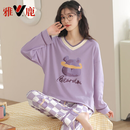 Pajamas de Yalu para mujeres en primavera y otoño pantalones de mangas largas pantalones puros algodón puro nuevo estilo 2025 dibujos animados redondos de la escuela secundaria estudiante de la escuela secundaria y el invernal de la ropa casera OY14128 m (adecuado para el peso 80-100 Jin [Jin iguala 0.5 kg])