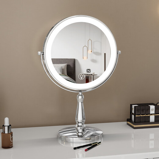 Large LED makeup mirror that can be raised and lowered, telescopic double-sided mirror with light, desktop magnifying mirror, height-adjustable 9 inches_Silver_Straight pole_5x magnification