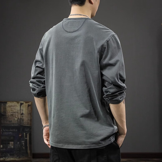 JEEP SPIRIT Jeep high-end pure cotton long-sleeved t-shirt for men 2025 new loose thin spring and autumn Henry collar bottoming shirt sweatshirt carbon gray XL (135-150) Jin Jin equals 0.5 kg