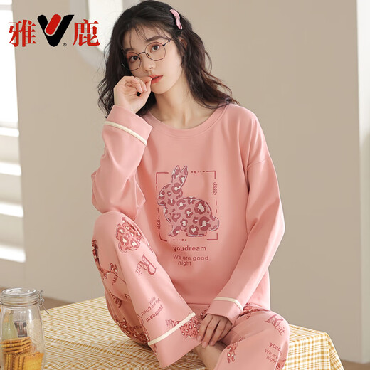 Pajamas de Yalu para mujeres en primavera y otoño pantalones de mangas largas pantalones puros algodón puro nuevo estilo 2025 dibujos animados redondos de la escuela secundaria estudiante de la escuela secundaria y el invernal de la ropa casera OY14128 m (adecuado para el peso 80-100 Jin [Jin iguala 0.5 kg])