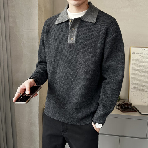BULLDAMAN old money style sweater men's 2025 new Henry collar sweater autumn and winter trend D9018TP99 carbon gray XL