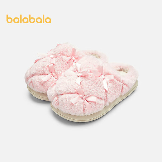 Balabala children's cotton slippers for girls and babies 2025 new autumn and winter cotton shoes plus velvet indoor home shoes with bow pink 60001 31 (foot length 18.8-19.2/inner length 20.4)