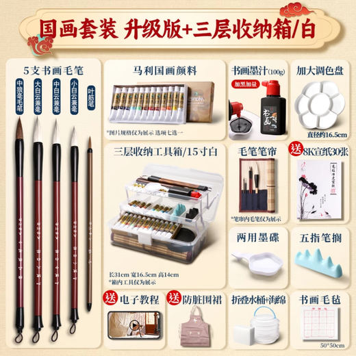Marley Chinese Painting Pigments Beginner Set Tools Full Set of Ink Painting Materials for Primary School Students Meticulous Brushwork Chinese Painting Introductory Brush Transparent Box Upgrade 18 Pieces 12 Colors 5ml