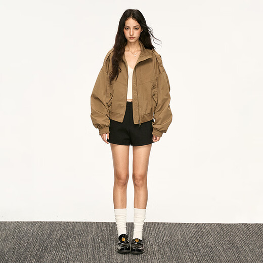 AAISUP American khaki workwear lapel jacket for women 2025 autumn high-end casual versatile stand-up collar cardigan jacket khaki S