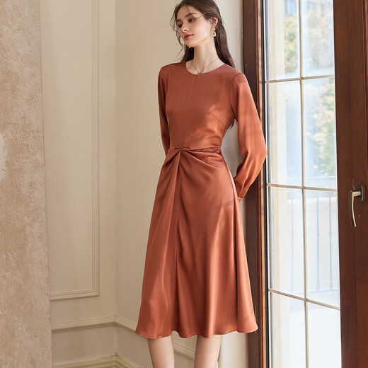 Roeyshouse Loi Color de caramelo de alta gama Vestido plisado para otoño nuevo elegante satén cintura que abraza la falda del dobladillo 10971 Color de caramelo L