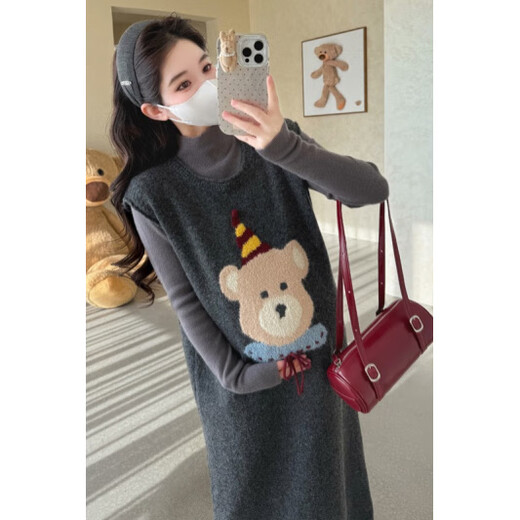 Ranqi Mommy Maternity Wear 2025 Autumn and Winter New Korean Style Embroidered Cartoon Bear Sweater Vest Dress Knitted Bottoming Set Gray Suit L