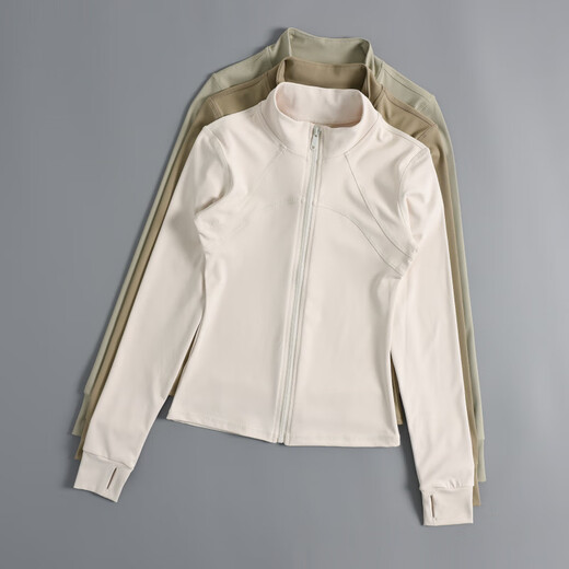 LULU velvet stand-up collar yoga wear women's sports jacket slimming cycling wear fitness wear elastic tight long-sleeved top linen green + white L