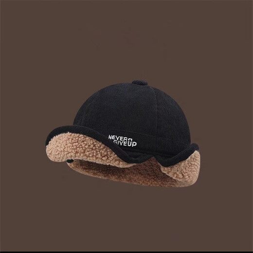 Dengniu Road Internet celebrity ins lamb velvet thickened warm duck tongue ear protection hat for men and women autumn and winter thickened cycling flying Lei Feng hat black M (5658cm)
