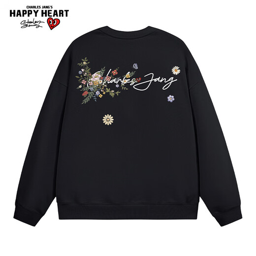 Charles Heart American Round Neck Pullover Sweatshirt for Men and Women Spring and Autumn Floral National Trend Imitation Embroidery Print Jacket Black L