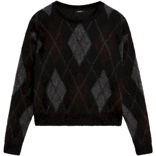 Massimo Dutti Autumn and Winter New Products 2025 Women's Retro Versatile College Style Argyle Sweater Round Neck Sweater 05768923 Black XS (CN 165/84A)