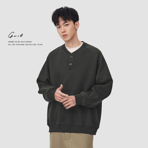 Pupan GWIT American retro Henry collar winter warm pullover plus velvet thickened relaxed feeling light mature style sweatshirt for men soft black BLACK M M