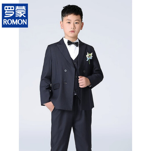ROMON fat boy suit, spring and autumn, big boy, children's speech suit, dress suit, host costume, recitation competition, all plus velvet, gray and blue plaid jacket + vest + trousers + shirt, free tie, size M 170 (recommended weight 115-130 Jin Jin equals 0.5 kg)