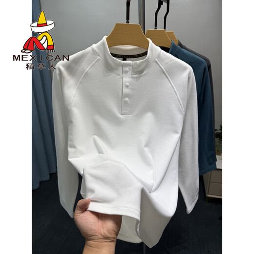 Scarecrow Henry Collar German Velvet Bottoming Shirt Men's Long Sleeve Autumn and Winter Warm Inner Fleece T-Shirt Men's Casual Solid Color Guard Clothes White XL 175