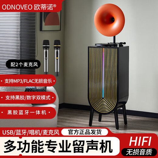 Otieno Modern Karaoke Vinyl Record Player Nordic Light Luxury Living Room Phonograph LP Record Player Bluetooth Audio Player Amplifier CD Player Professional Grade Gramophone CD Vending Machine Orange Speaker + U Disk + Vinyl Record Player + Microphone*2