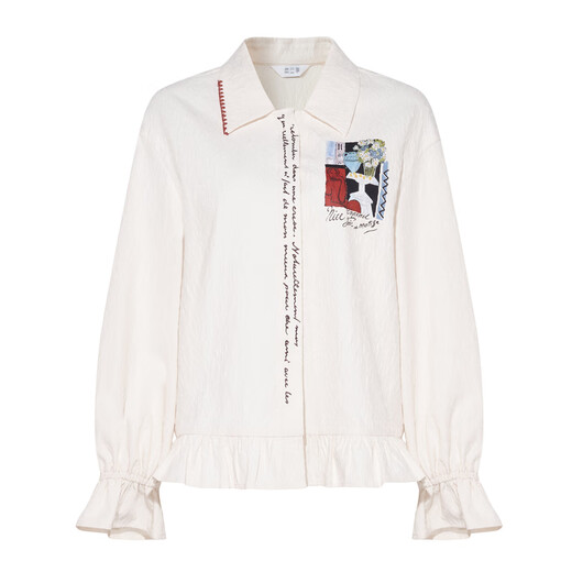 Two or three things chasing the wind diary 2025 winter new style literary style ruffle hem embroidered placket printed shirt for women apricot M