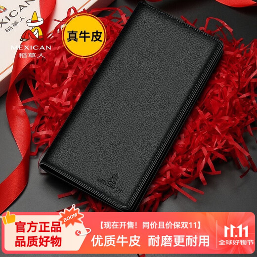 Scarecrow Men's Long First-Layer Cowhide Wallet Vertical Business Handbag Multiple Card Slots Large Capacity Card Holder Lightweight Small Coin Purse Black-01181656