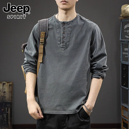 JEEP SPIRIT Jeep high-end pure cotton long-sleeved t-shirt for men 2025 new loose thin spring and autumn Henry collar bottoming shirt sweatshirt carbon gray XL (135-150) Jin Jin equals 0.5 kg