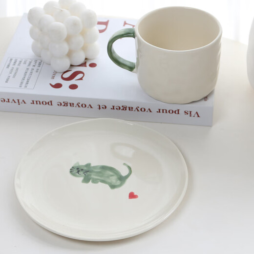 Erstes Konzept Kleine frisch handbemalte Kätzchen Keramik Becher Haus Nachmittag Tee Tee Wasser Tasse Büro Milch Kaffeetasse grüne Kätzchen Teller 15906 klein