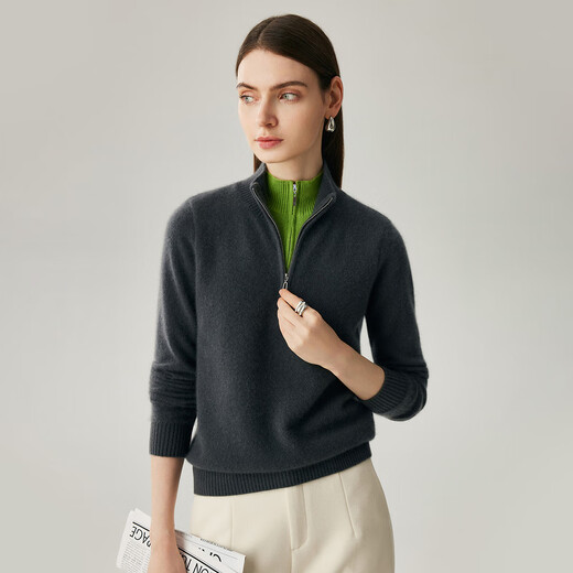 Zhaojun 2025 Autumn and Winter New Half Turtle Collar Cashmere Sweater Women's Contrast Color Fake Two-Piece Knit Sweater Thickened Bottoming Sweater Iron Gray L