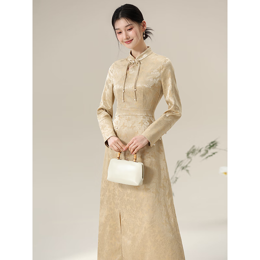 Chuchan Clothing Improved Cheongsam Women's Autumn 2025 New Long Sleeve Waist Temperament Noble Brown Slim Chinese Style National Style Dress Brown XL Ready in Stock