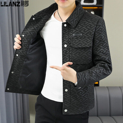 Lilang 2025 spring and autumn men's short jacket youth lapel jacket trendy casual men's jacquard top trendy 9853 black M 90-105Jin[Jin equals 0.5 kg]