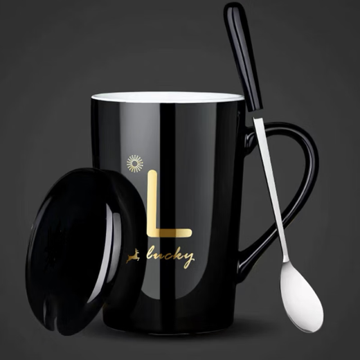 JINGREPUBLIC mug ceramic coffee cup tea cup large capacity 380ml with spoon lid Lucky series black